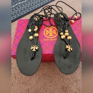 Tory Burch Black Sandals with Gold Accents